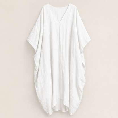 Marlowe Women's Loose-Fitting Linen Cocoon-Style Batwing Sleeve Maxi Kaftan Dress White