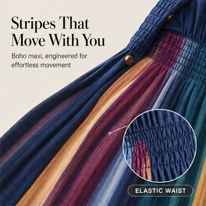 Navy Collar Rainbow Stripe Maxi Dress | Boho Shirt Dress with Elastic Waist - Long Length Split Skirt features