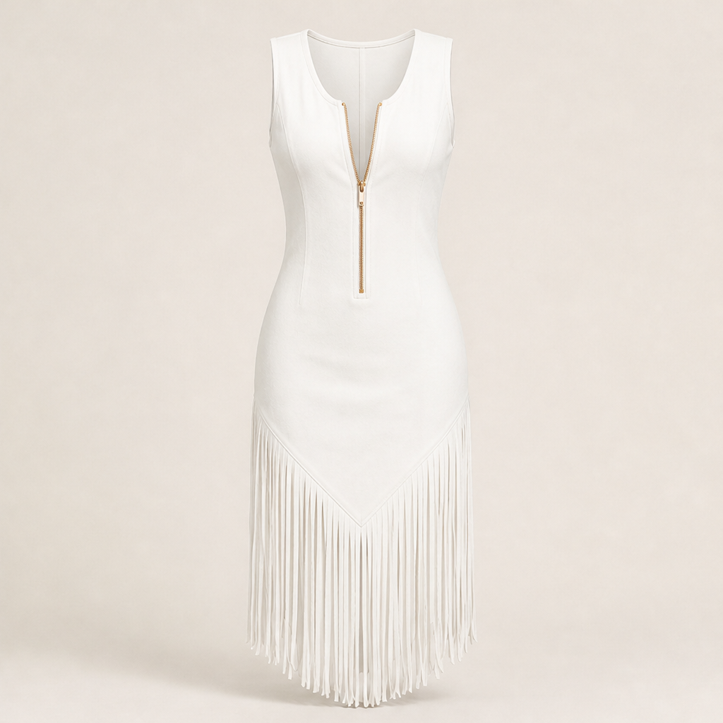 Black Fringe Western Dress | Retro Sleeveless Bodycon Midi - Zip Front with Tassel Hem White