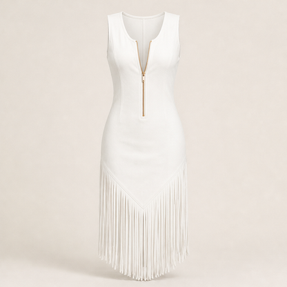 Black Fringe Western Dress | Retro Sleeveless Bodycon Midi - Zip Front with Tassel Hem White