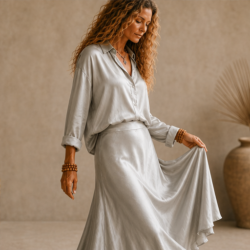 Grey Satin Shirt & Midi Skirt Set | Two Piece Button Down Top with High Waist Flared Skirt features
