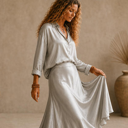 Grey Satin Shirt & Midi Skirt Set | Two Piece Button Down Top with High Waist Flared Skirt features