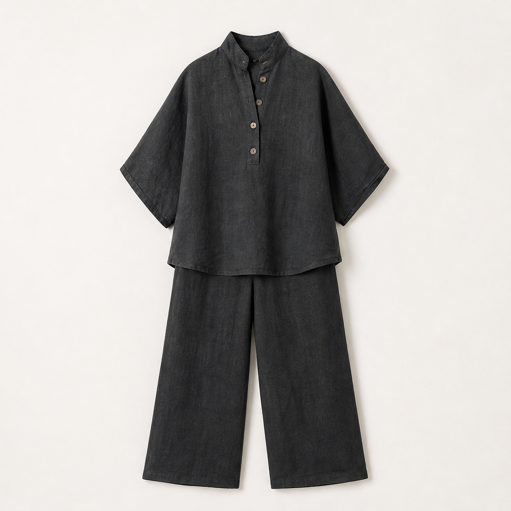 Marisol Women's Batwing Sleeve Linen Cotton Two-Piece Set - Casual Button Shirt & Wide Leg Trousers Outfit Charcoal