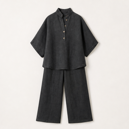 Marisol Women's Batwing Sleeve Linen Cotton Two-Piece Set - Casual Button Shirt & Wide Leg Trousers Outfit Charcoal