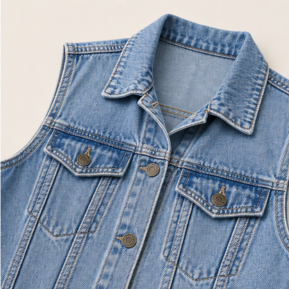 Light Wash Denim Vest Dress | Sleeveless Longline Jean Jacket - High Slit Midi detail