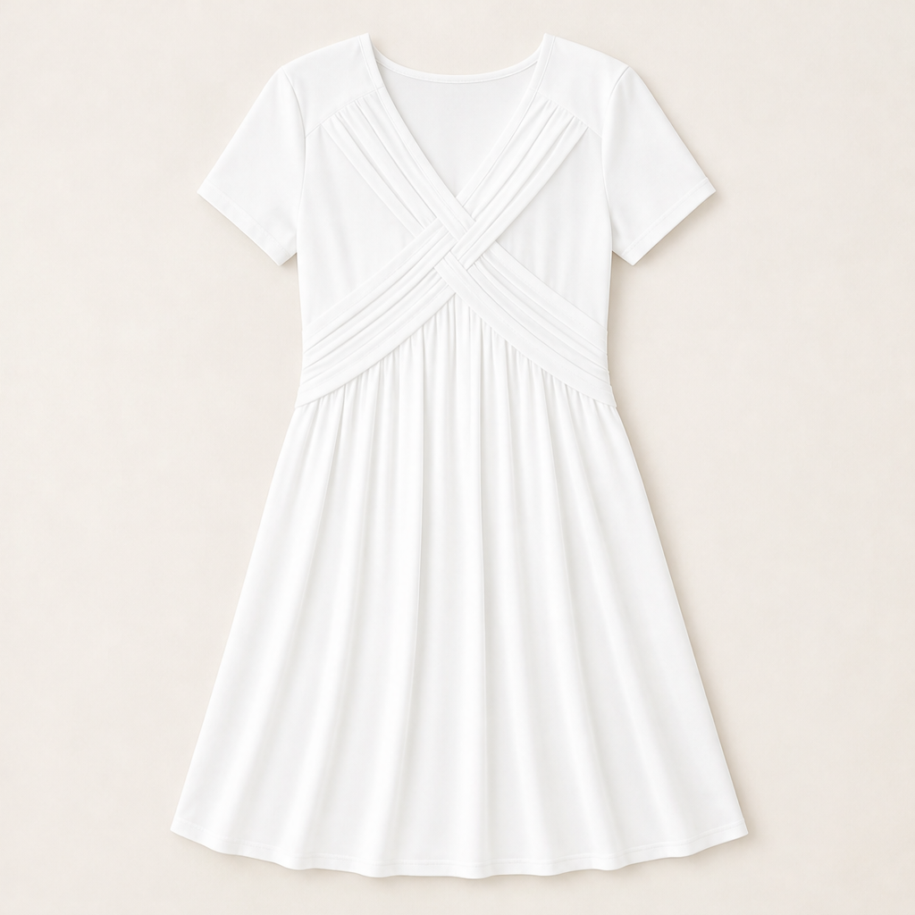 Verona Women's Cross-Front V-Neck Pleated A-Line Dress with Pockets - Short Sleeve Midi Dress White
