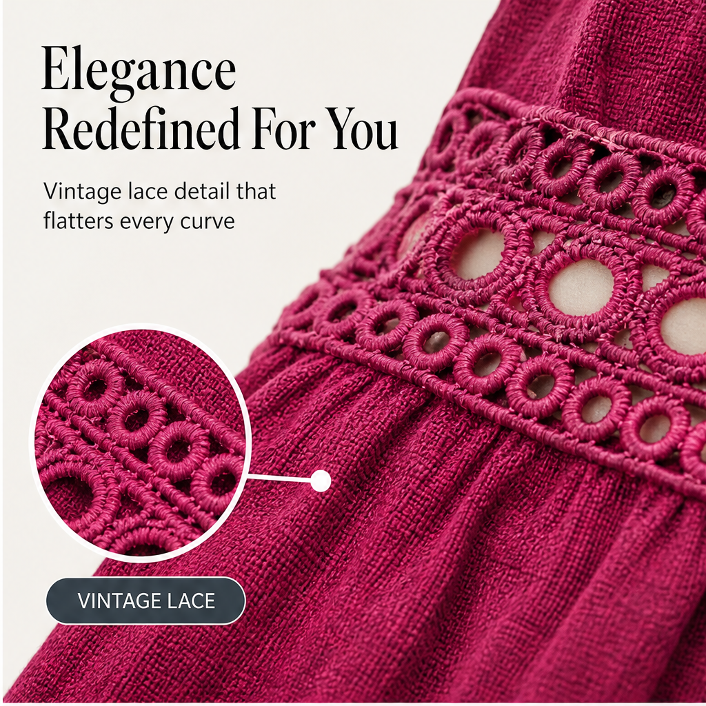 Marisol Women's V-Neck Lace Trim Puff Sleeve Tiered Ruffle Linen-Look Dress features
