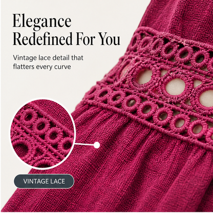 Marisol Women's V-Neck Lace Trim Puff Sleeve Tiered Ruffle Linen-Look Dress features
