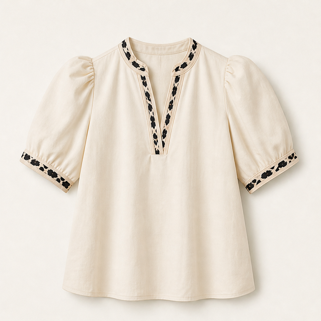 Marisol Women's Puff Sleeve Leopard Contrast Split Neckline Blouse Top Ivory