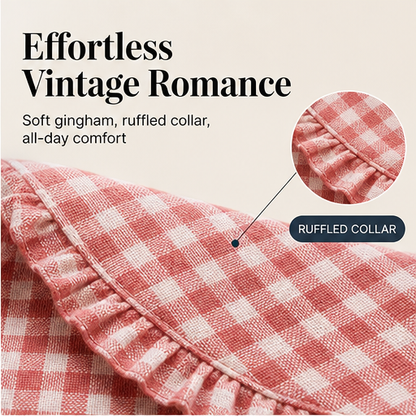 Red Gingham Top | Ruffled Peter Pan Collar Blouse - Puff Sleeve Casual Shirt for Women features