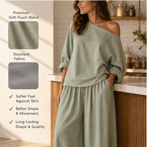 Ivory Off-Shoulder Wide Leg Set | Two-Piece Linen-Look Top & Trousers - Matching Set for Women features