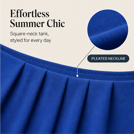 Black Square Neck Tank Top | Sleeveless Pleated Blouse - Breathable Summer Top for Women features