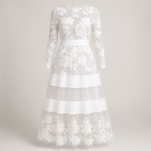 Black Lace Midi Dress | Elegant A-Line Wedding Guest Dress - Sheer Mesh Occasion Wear White