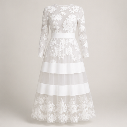 Black Lace Midi Dress | Elegant A-Line Wedding Guest Dress - Sheer Mesh Occasion Wear White