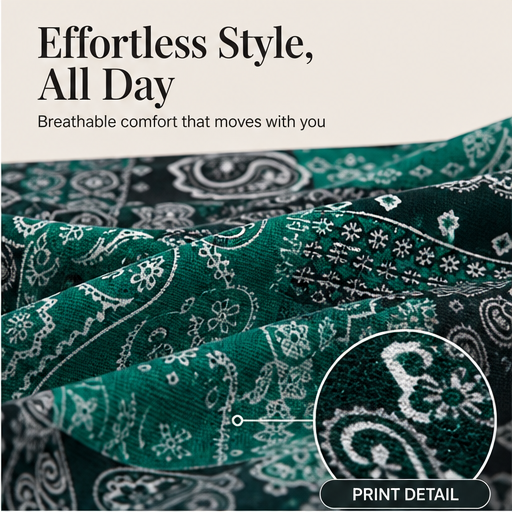 Black Paisley Print V-Neck Top | Casual Short Sleeve Blouse for Women - Relaxed Fit Henley Tunic features