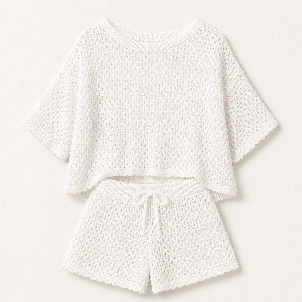 Marisol Women's Open-Knit Short Sleeve Top & Shorts Set - Crochet-Style Striped Two-Piece Summer Loungewear White