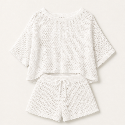 Marisol Women's Open-Knit Short Sleeve Top & Shorts Set - Crochet-Style Striped Two-Piece Summer Loungewear White