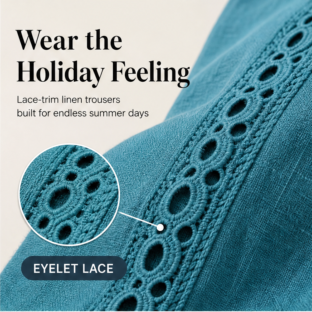 Teal Lace Trim Trousers | Bohemian Wide Leg Linen Style - Elastic Waist Holiday Pants features