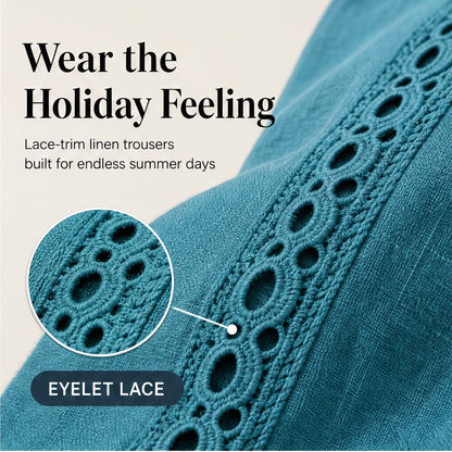 Teal Lace Trim Trousers | Bohemian Wide Leg Linen Style - Elastic Waist Holiday Pants features