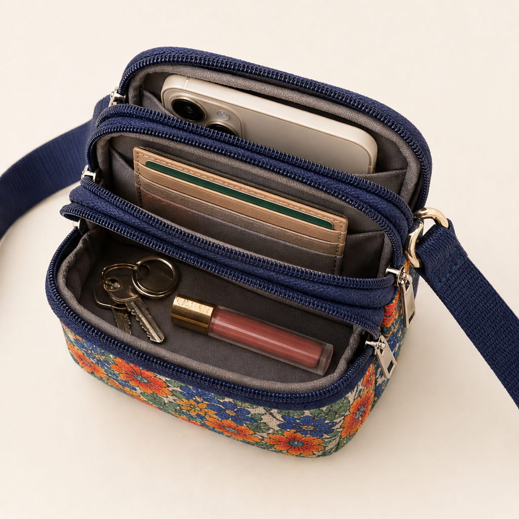 Floral Mini Crossbody Bag | Phone Bag with Armband Strap - 3 Zip Compartments detail
