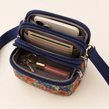 Floral Mini Crossbody Bag | Phone Bag with Armband Strap - 3 Zip Compartments detail