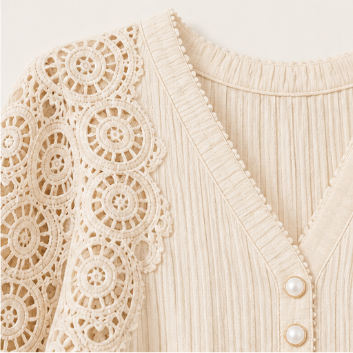 Cream Lace V-Neck Top | Crochet Sleeve Blouse for Women - Long Sleeve Pintuck Top detail