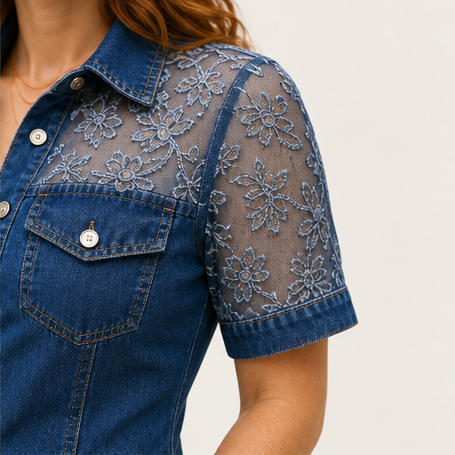 Denim Mini Dress | Sheer Lace Shirt Dress for Women - Button-Front with Pockets detail
