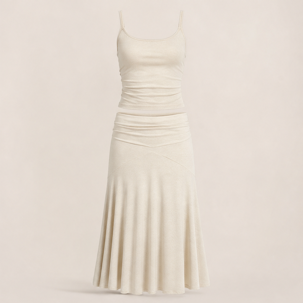 Grey Cami & Flared Midi Skirt Set | Two-Piece Matching Set - Ribbed Cami Top with Flowy Skirt Ivory