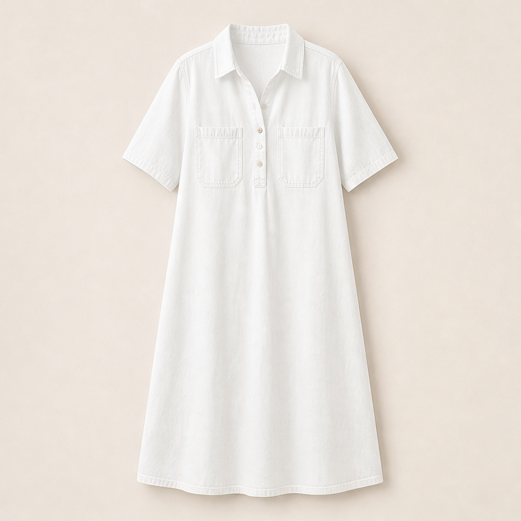 Denim Midi Shirt Dress | Casual Short Sleeve Dress with Pockets - Relaxed Fit White