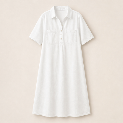 Denim Midi Shirt Dress | Casual Short Sleeve Dress with Pockets - Relaxed Fit White