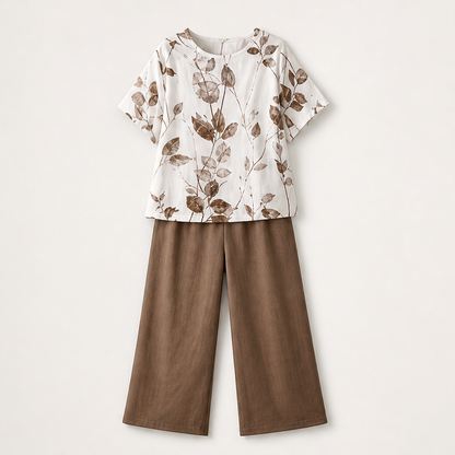 Lior Women's Botanical Print Top & Relaxed Fit Trousers Set - Elegant Two-Piece Loungewear Co-ord Brown
