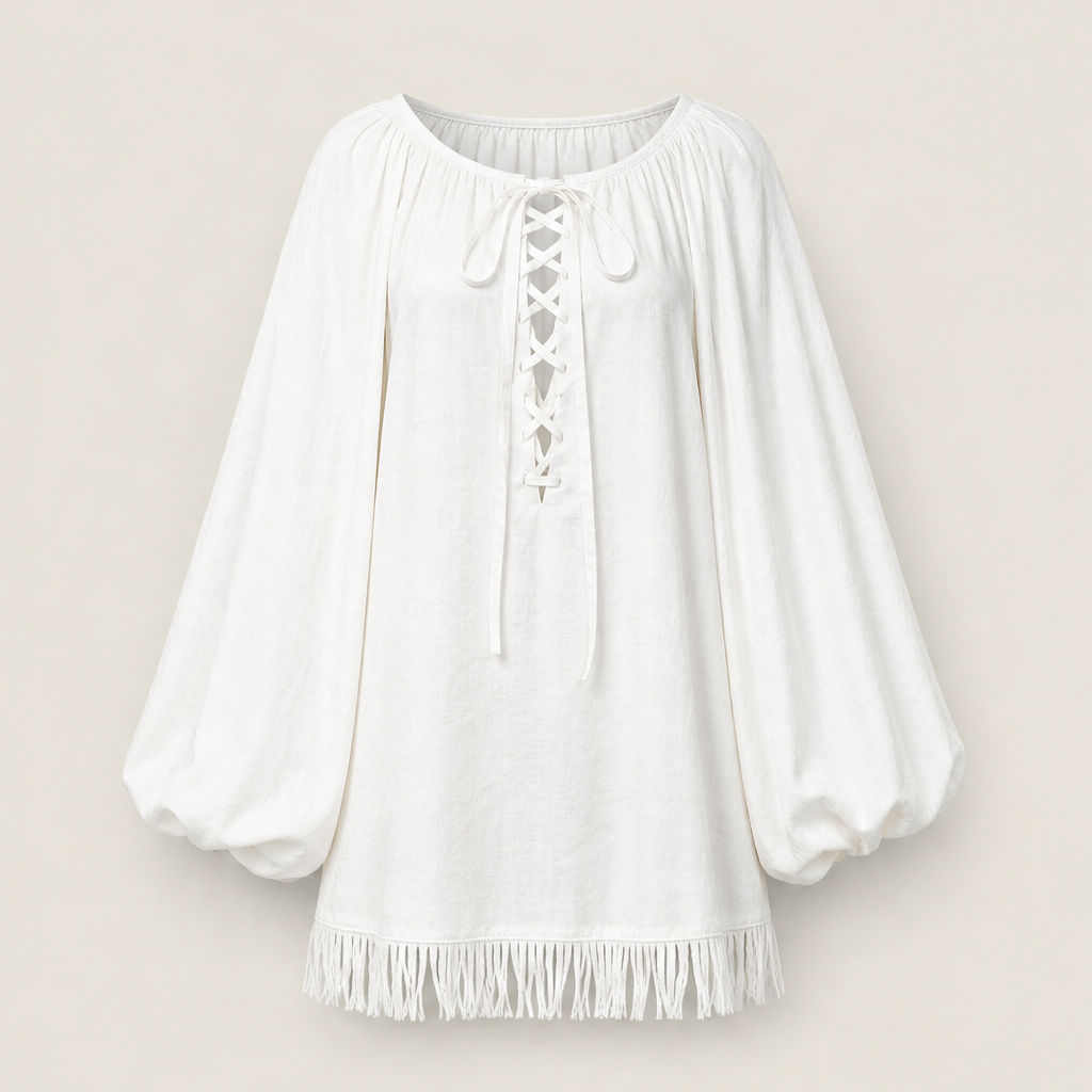 Marisol Women's Lace-Up Balloon Sleeve Tassel Hem Boho Mini Dress White