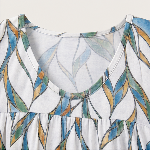 White Printed V-Neck T-Shirt | Pleated Short Sleeve Top for Women - Loose Fit Tunic Blouse detail