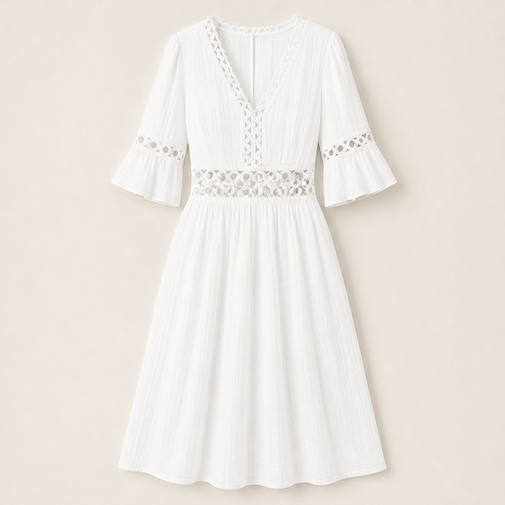 White V-Neck Midi Dress | Lace Cutout Textured Cotton Dress - Flutter Sleeve White