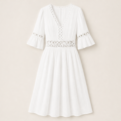 White V-Neck Midi Dress | Lace Cutout Textured Cotton Dress - Flutter Sleeve White