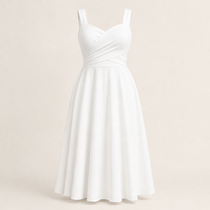 White Criss-Cross Waist Midi Dress | Fit and Flare A-Line Dress for Women - Sweetheart Neckline with Pockets White