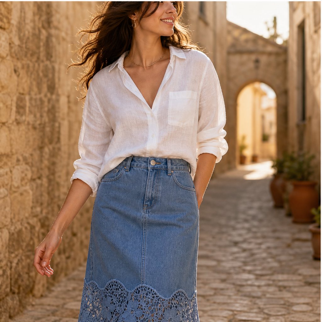 Denim Lace Hem Maxi Skirt | High-Waisted A-Line Style - Floral Crochet Trim features
