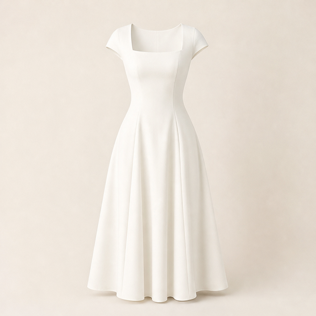 Black Square Neck A-Line Dress | Elegant Cap Sleeve Midi - Slim Fit Long Dress White