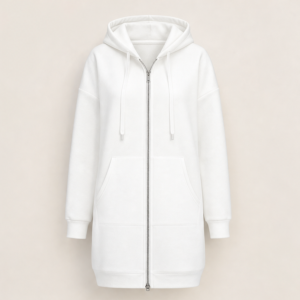 Black Longline Zip-Up Hoodie | Fleece-Lined Long Hooded Sweatshirt for Women - with Pockets White
