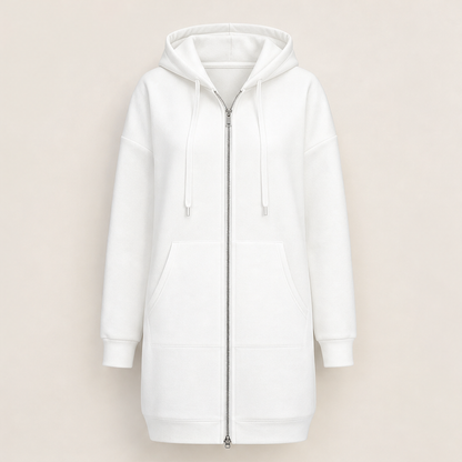 Black Longline Zip-Up Hoodie | Fleece-Lined Long Hooded Sweatshirt for Women - with Pockets White