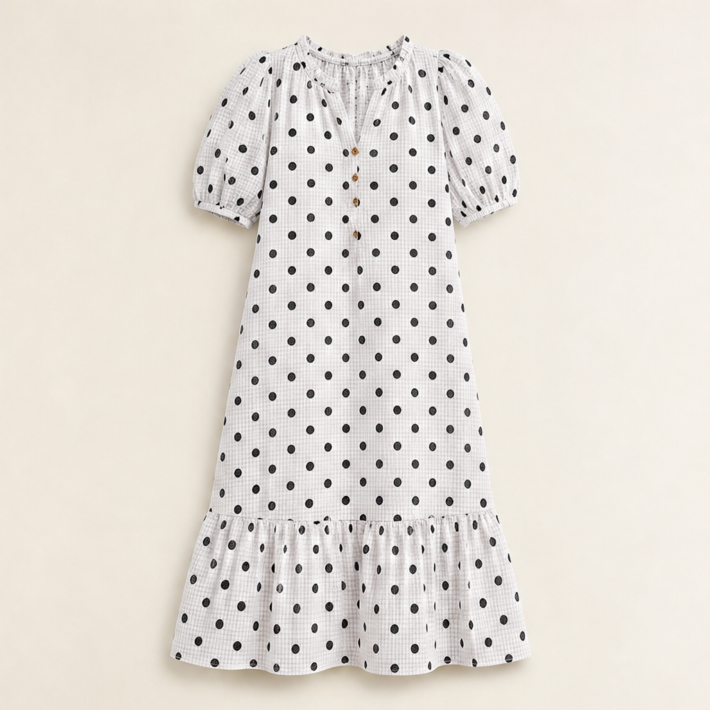 Pink Polka Dot Midi Dress | Puff Sleeve Gingham Tiered Dress - V-Neck Button Front White