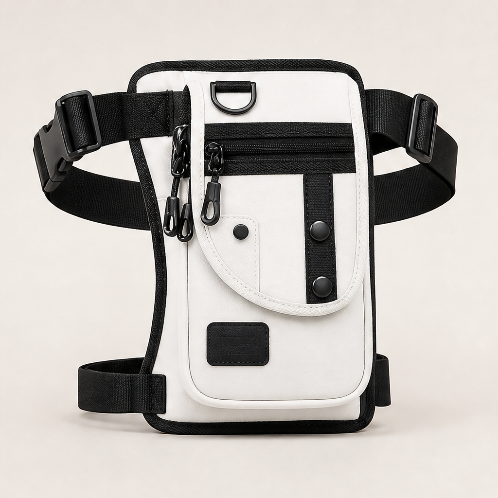 Black Leg Bag | Oxford Fabric Utility Thigh Bag for Travel - Adjustable Waist & Leg Straps White