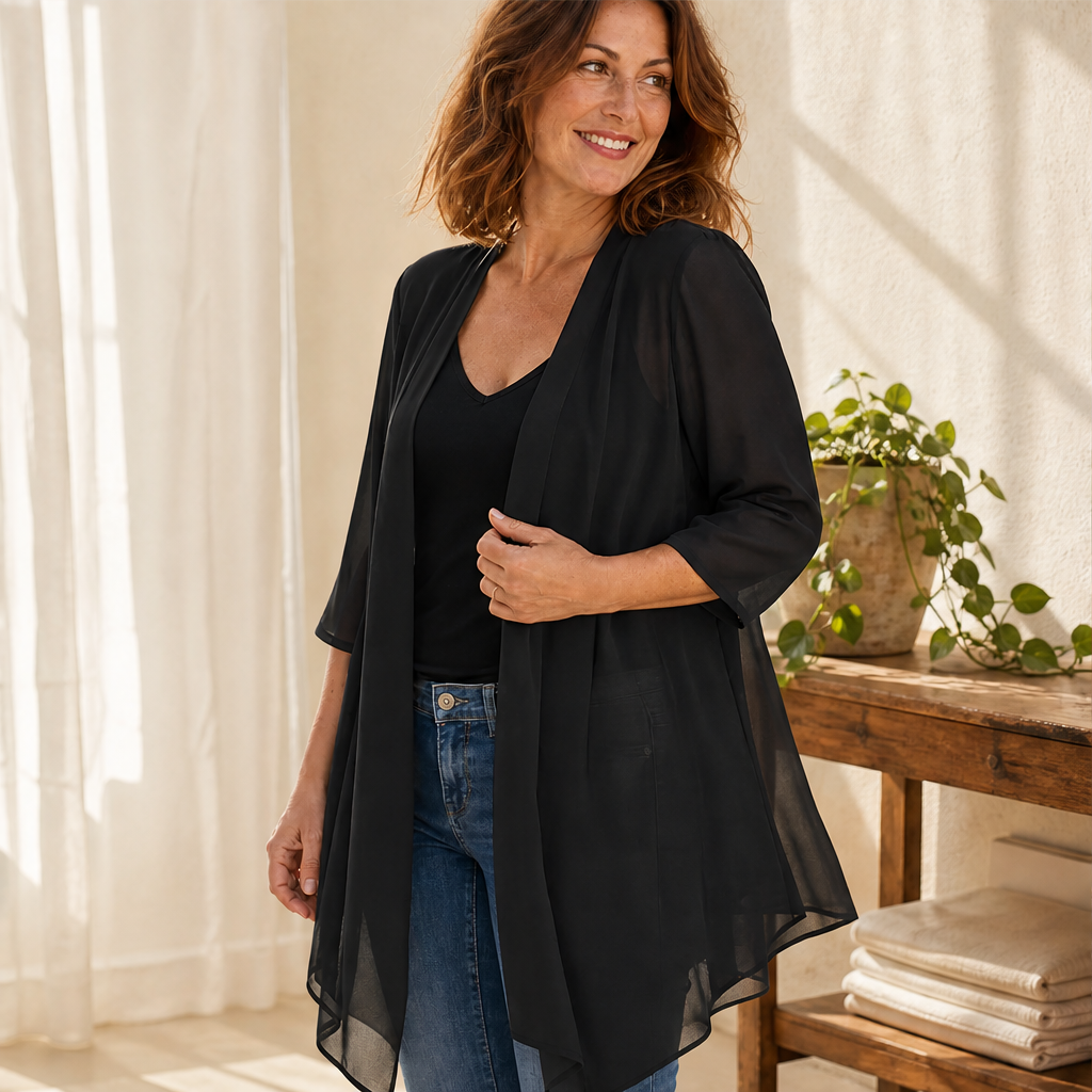 Black Chiffon Cardigan | Lightweight Open Front Cover-Up - Waterfall Drape for Women features