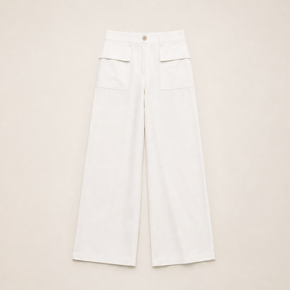 Marlow Women's Wide Leg Cotton Linen Trousers - High-Waisted Flowing Casual Trousers Ecru
