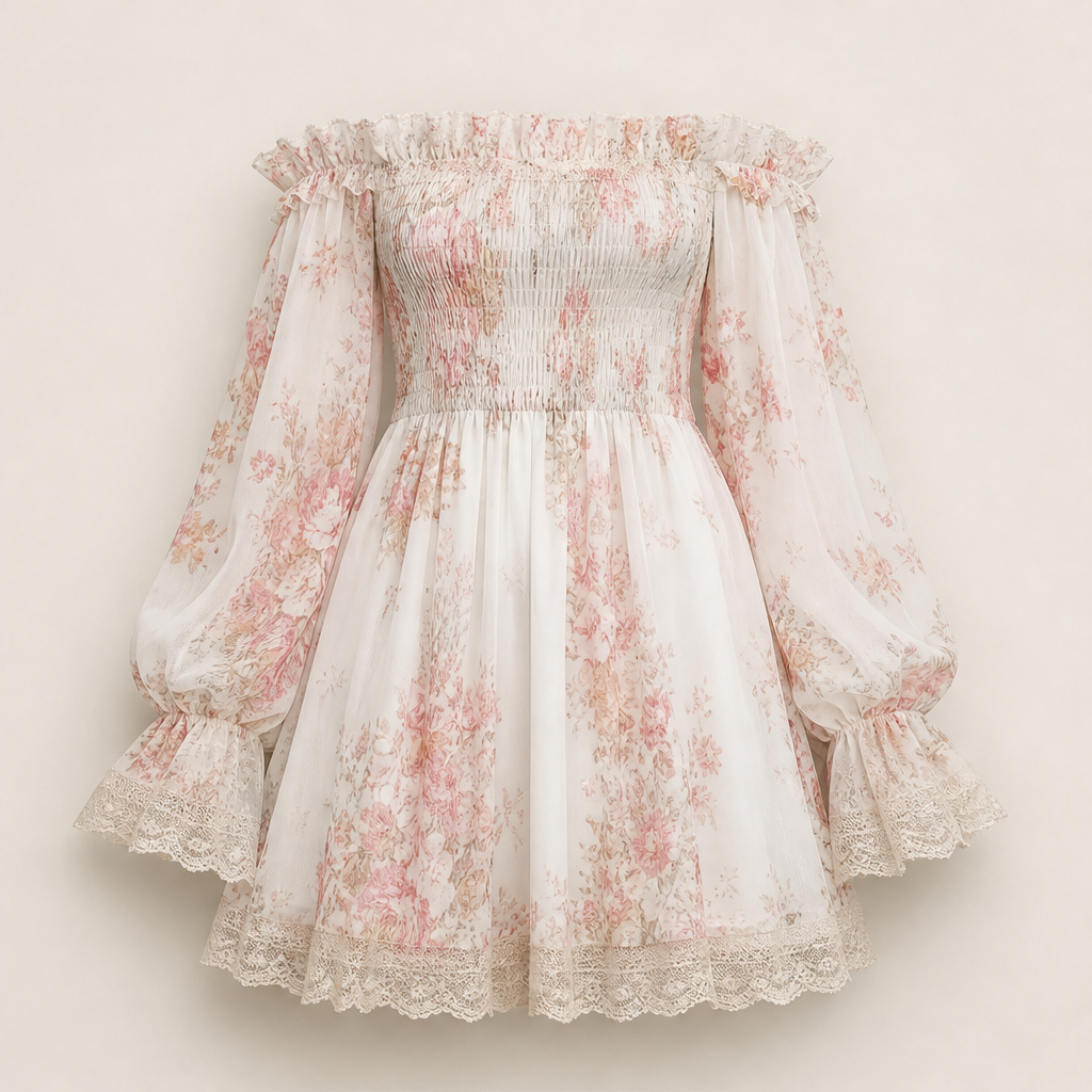 Rosalind Women's Off-Shoulder Floral Chiffon Mini Dress with Ruched Bodice - Lace Trim Boho Smocked Sundress Ivory Floral