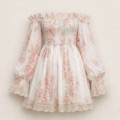 Rosalind Women's Off-Shoulder Floral Chiffon Mini Dress with Ruched Bodice - Lace Trim Boho Smocked Sundress Ivory Floral