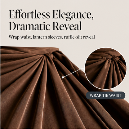 Brown Wrap V-Neck Maxi Dress | Lantern Sleeve Formal Gown - Ruffle Slit Two-Layer Skirt features