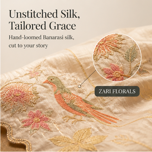 Ivory Banarasi Salwar Suit | Unstitched Silk Three-Piece Set - Hand-Embroidered Zari Floral Suit for Women features