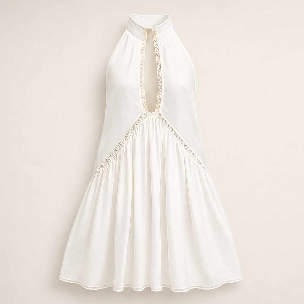Marigold Women's Sleeveless Deep V-Neck Lace Trim Mini Dress - Flowy Halterneck Summer Dress White