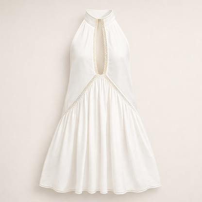 Marigold Women's Sleeveless Deep V-Neck Lace Trim Mini Dress - Flowy Halterneck Summer Dress White